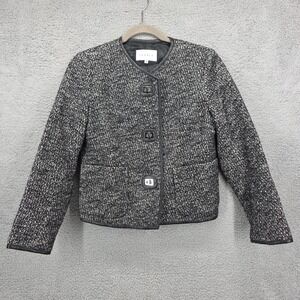Sandro Tweed Jacket Black White Leather Trim Blazer Women Size 36